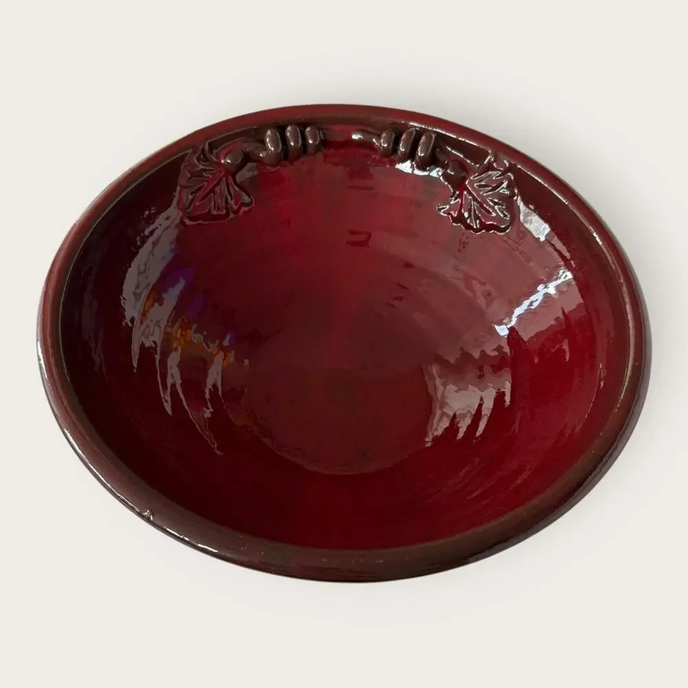 Pier 1 Red Glossy Ceramic Decorative Bowl, Leaf Pattern, Round